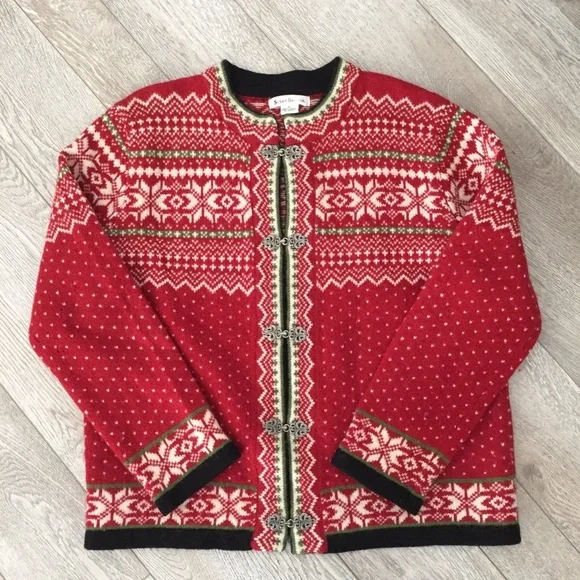 Susan Bristol Women Wool Cardigan Sweater Nordic Fair Isle Metal Clasps Hooks Lg - Picture 1 of 9